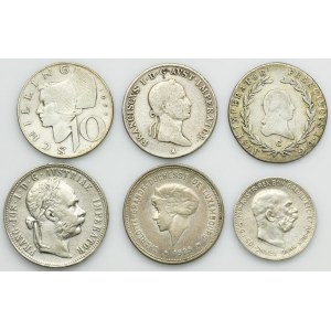 Set, Austria and Luxembourg, 20 Kreuzer, 1 Florin, 1 Corona, 10 Schillings and 5 Franc (6 pcs.)