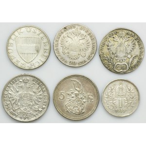 Set, Austria and Luxembourg, 20 Kreuzer, 1 Florin, 1 Corona, 10 Schillings and 5 Franc (6 pcs.)