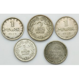 Sada, Nemecko, Hesensko a Weimarská republika, 1/6 toliarov, 1 marka a 2 marky (5 kusov).