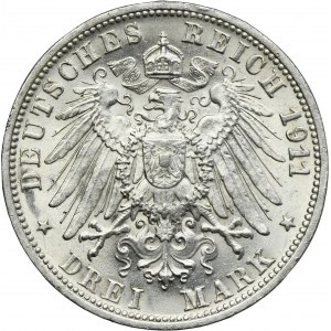 Nemecko, Württemberské kráľovstvo, Wilhelm II, 3 marky Stuttgart 1911 F