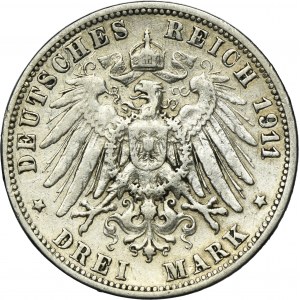 Nemecko, Württemberské kráľovstvo, Wilhelm II, 3 marky Stuttgart 1911 F
