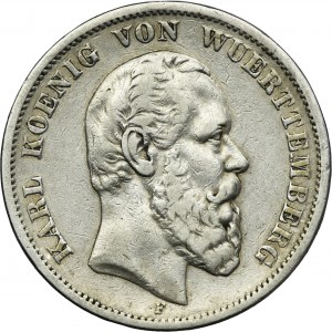 Germany, Kingdom of Württemberg, Karl von Württemberg, 5 Mark Stuttgart 1876 F
