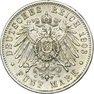 Germany, Kingdom of Württemberg, Wilhelm II, 5 Mark Stuttgart 1903 F