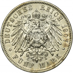 Germany, Saxony, Friedrich August III, 5 Mark Muldenhütten 1907 E