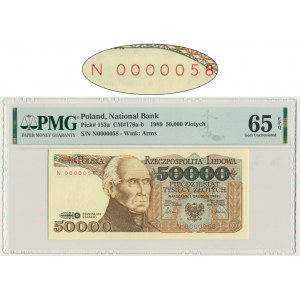 50.000 złotych 1989 - N 0000058 - PMG 65 EPQ - bardzo niski numer seryjny