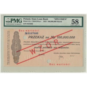 Przekaz, 100 milionów marek 1923 - WZÓR - No 0167606 - PMG 58 - DUŻA PERFORACJA