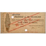 Przekaz, 100 milionów marek 1923 - WZÓR - No 0167606 - PMG 58 - DUŻA PERFORACJA