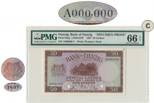 Danzig, 50 Gulden 1937 - SPECIMEN - PROOF - A 000,000 - (C) - PMG 66 EPQ - VERY RARE