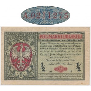 1/2 marki 1916 - Jenerał - A - rzadka odmiana z numeratorem wiśniowym