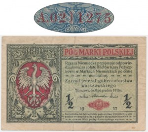 1/2 marki 1916 - Jenerał - A - rzadka odmiana z numeratorem wiśniowym