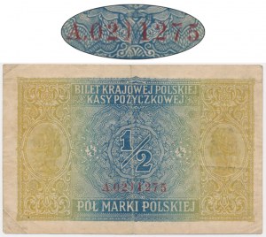 1/2 marki 1916 - Jenerał - A - rzadka odmiana z numeratorem wiśniowym