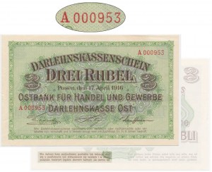 Posen, 3 Rubel 1916 - A 000953 - long clause - LOW NUMBER - RARE