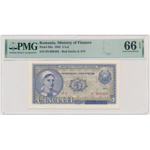 Rumunia, 5 lei 1952 - czerwony numerator - PMG 66 EPQ