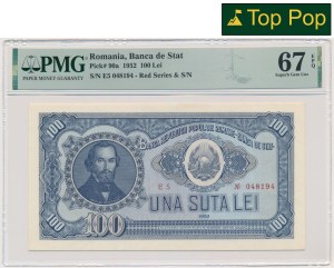 Romania, 100 Lei 1952 - red serial - PMG 67 EPQ