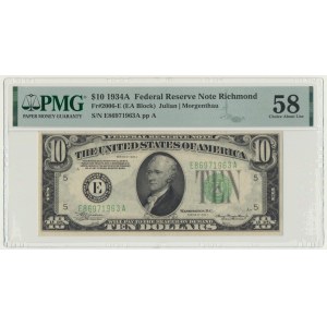 USA, Green Seal, Richmond, 10 dolarów 1934 - Julian & Morgenthau - PMG 58