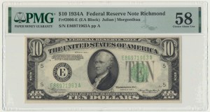 USA, Green Seal, Richmond, 10 Dollars 1934 - Julian & Morgenthau - PMG 58
