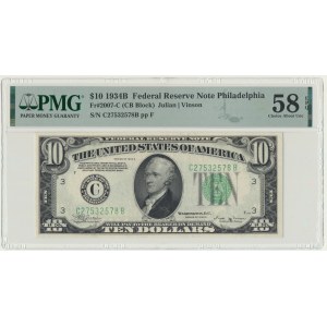 USA, Green Seal, Filadelfia, 10 dolarów 1934 - Julian & Vinson - PMG 58 EPQ