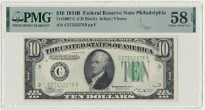 États-Unis, Green Seal, Philadelphie, 10 $ 1934 - Julian & Vinson - PMG 58 EPQ