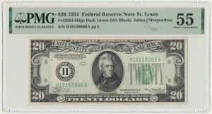 USA, Green Seal, St. Louis, 20 Dollars 1934 - Julian & Morgenthau - PMG 55