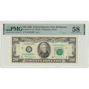 USA, Green Seal, Richmond, 20 dolarów 1990 ★ - Villalpando & Brady - seria zastępcza - PMG 58