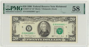 USA, Green Seal, Richmond, 20 Dollars 1990 ★ - Villalpando & Brady - replacement - PMG 58