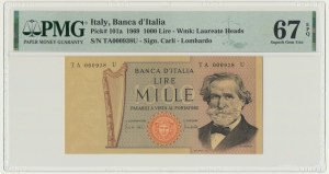 Italie, 1 000 lires 1969 - PMG 67 EPQ - faible numéro de série