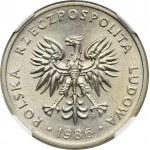 20 złotych 1986 - NGC AU55 - OGROMNA RZADKOŚĆ, szeroka data, znak mennicy oddalony
