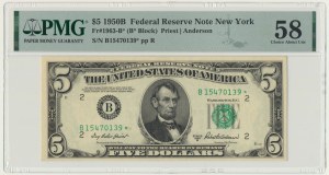 USA, Green Seal, New York, 5 Dollars 1950 ★ - Priest & Anderson - replacement - PMG 58
