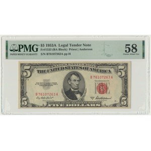 USA, Red Seal, 5 dolarów 1953 - Priest & Anderson - PMG 58