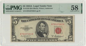 États-Unis, Sceau rouge, $5 1953 - Priest & Anderson - PMG 58
