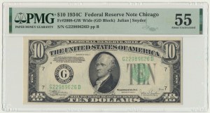 USA, Green Seal, Chicago, 10 Dollars 1934 - Julian & Snyder - PMG 55