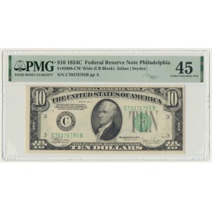 USA, Green Seal, Filadelfia, 10 dolarów 1934 - Julian & Snyder - PMG 45