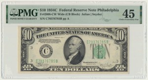 USA, Green Seal, Philadelphia, 10 Dollars 1934 - Julian & Snyder - PMG 45