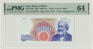 Italy, 1.000 Lire 1962 - PMG 64 - radar serial number