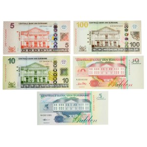 Surinam, zestaw 5 guldenów -100 dolarów 1996-2019 (5 szt.)