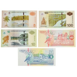 Surinam, zestaw 5 guldenów -100 dolarów 1996-2019 (5 szt.)