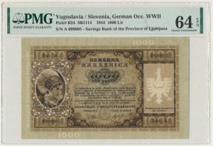 Yugoslavia, Slovenia, German Occupation WWII - Laibach, 1.000 Lir 1944 - PMG 64 EPQ - SCARCE