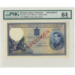 Rumunia, 5.000 lei 1931 - SPECIMEN - PMG 64