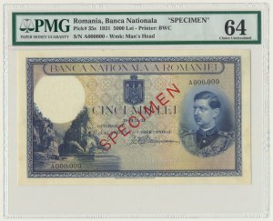 Romania, 5.000 Lei 1931 - SPECIMEN - PMG 64
