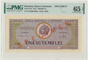 Romania, 100.000 Lei 1947 - SPECIMEN - PMG 65 EPQ