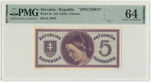 Slovaquie, 5 couronnes (1945) - SPECIMEN - PMG 64