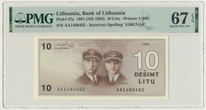 Lithuania, 10 Litu 1991 - AA - PMG 67 EPQ - with error in 