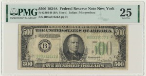 USA, Green Seal, New York, 500 Dollars 1934 - A - Julian & Morgenthau - PMG 25