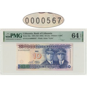 Lithuania, 10 Litu 1993 - KAA 0000567 - PMG 64 EPQ - low serial number