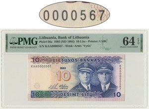 Lithuania, 10 Litu 1993 - KAA 0000567 - PMG 64 EPQ - low serial number