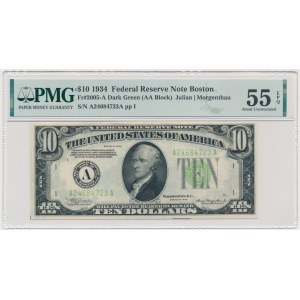USA, Green Seal, Boston, 10 dolarów 1934 - Julian & Morgenthau - PMG 55 EPQ