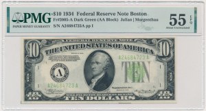 USA, Green Seal, Boston, 10 Dollars 1934 - Julian & Morgenthau - PMG 55 EPQ