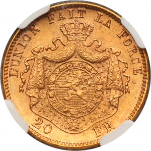Belgique, Léopold II, 20 Francs Bruxelles 1878 - NGC MS63