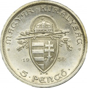 Hungary, Miklós Horthy, 5 Pengö Budapest 1938 BP