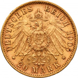 Germany, Kingdom of Prussia, Wilhelm II, 20 Mark Hamburg 1905 J - RARE